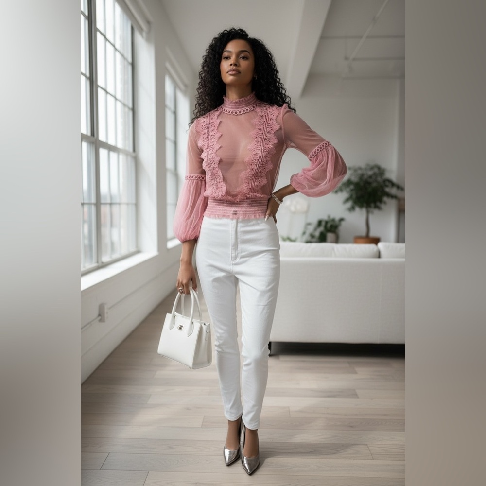 Pink Lace Sheer Top with White Pants size 28” size 7 comes as set for both☑️